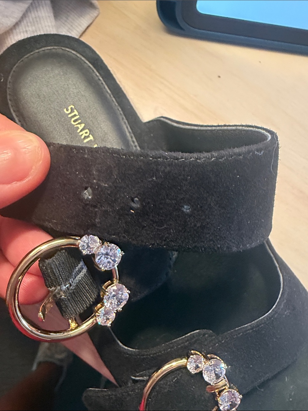 Stuart Weitzman black suede Crystal Ring espadrille flat slide sandals - Picture 8 of 8